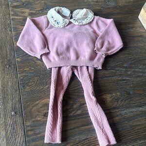 Zara Pink Knit Sweater and Cable Leggings Set with Embroidered Collar